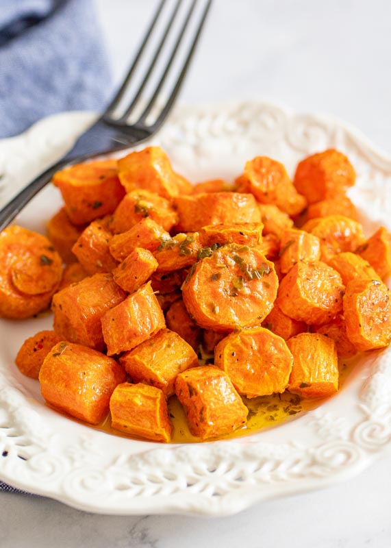 air fried carrots on plate with fork