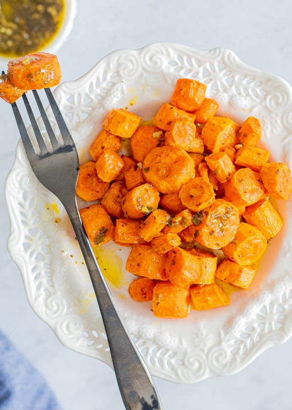 roasted carrots on plate with fork