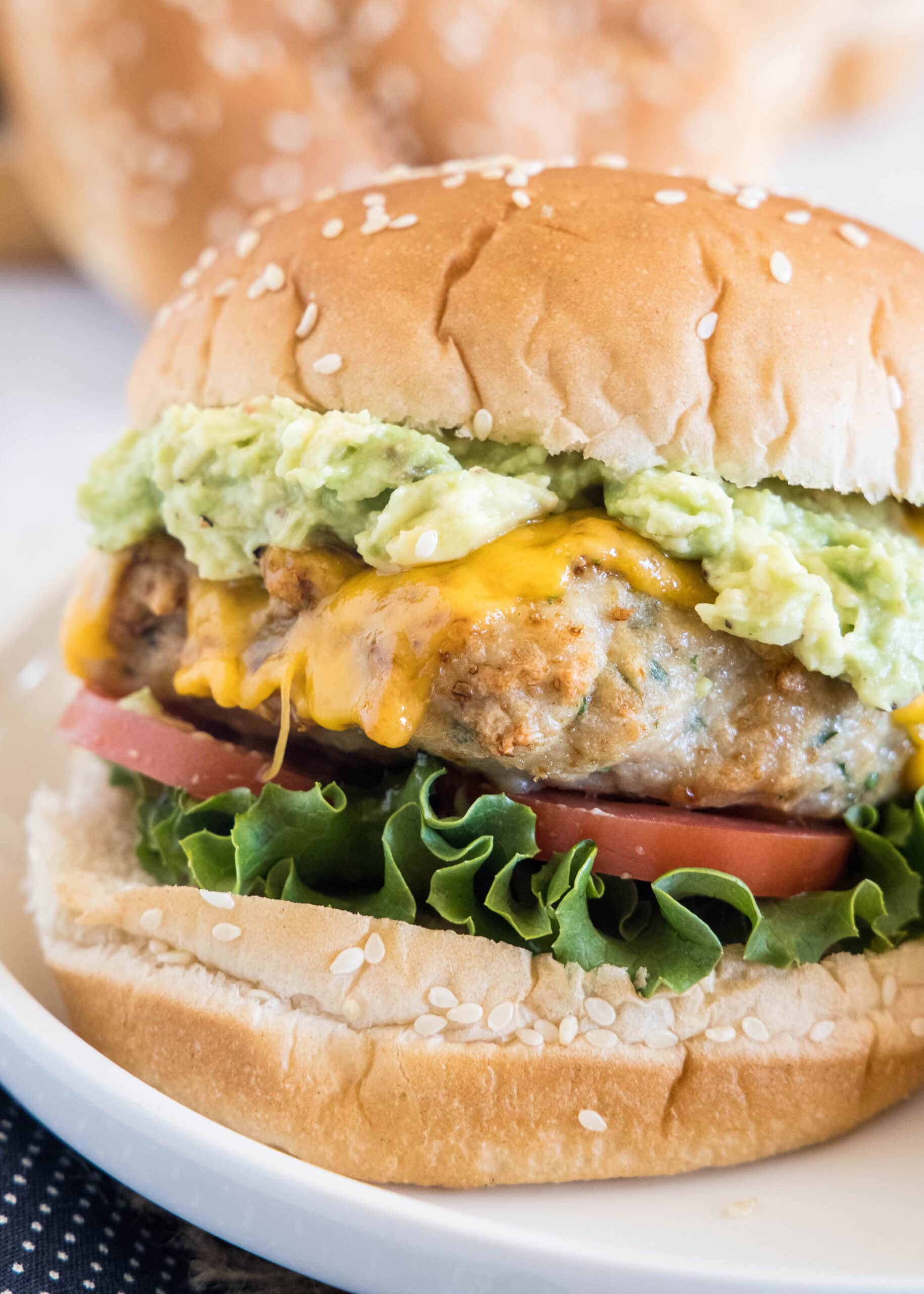 An air fryer chicken burger stacked with all the fixings on a white plate.