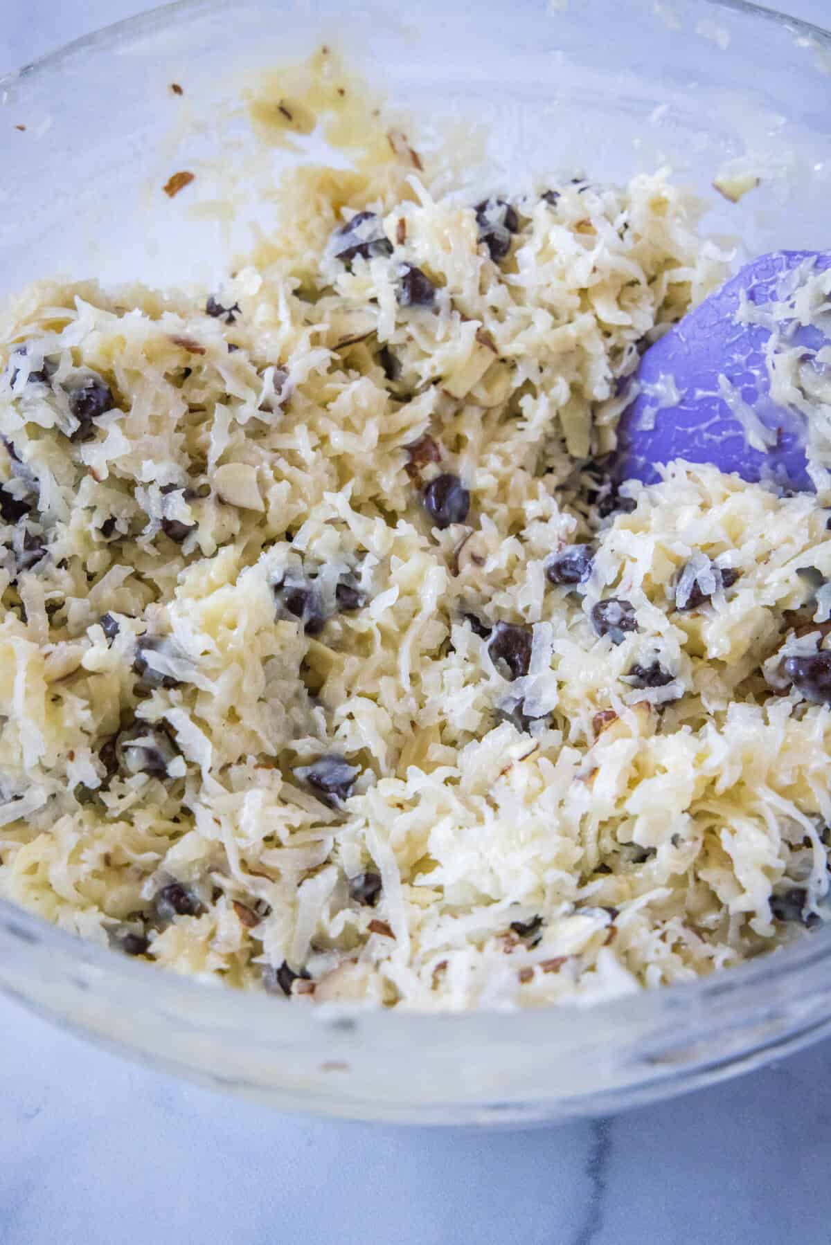 almond joy cookie dough in a mixing bowl