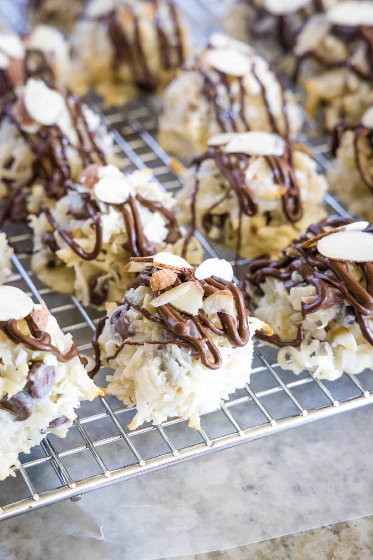 almond joy cookies with cooling on a wire rack