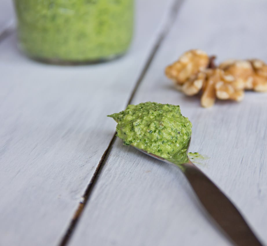 arugula walnut pesto in a jar
