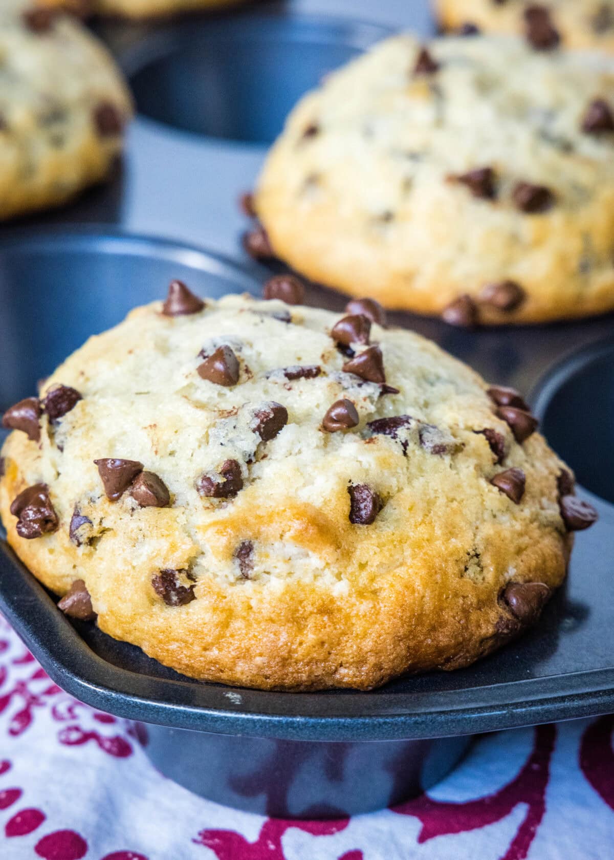 bakery chocolate chip muffins in baking pan