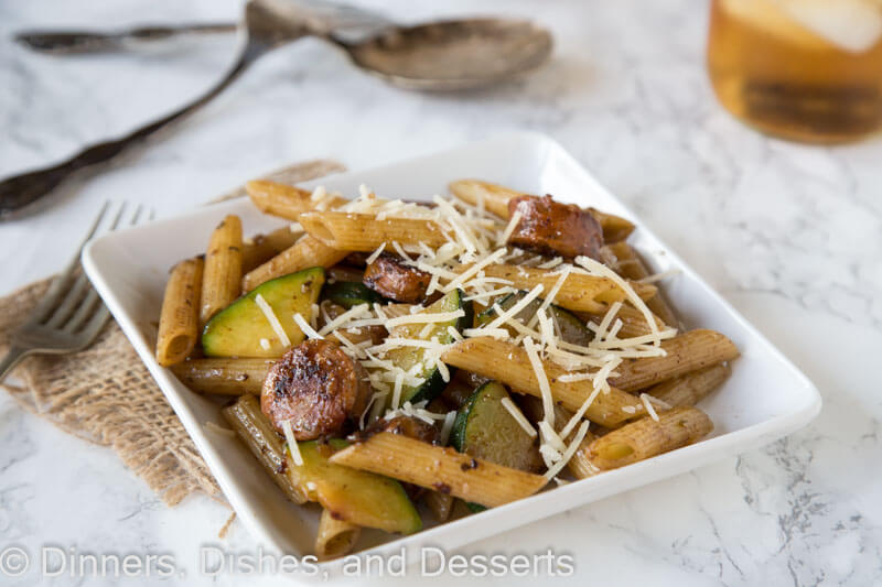 balsamic pasta with chicken sausage and veggies on a plate