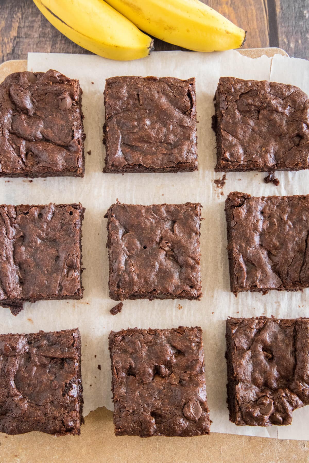 looking down on sliced banana brownies