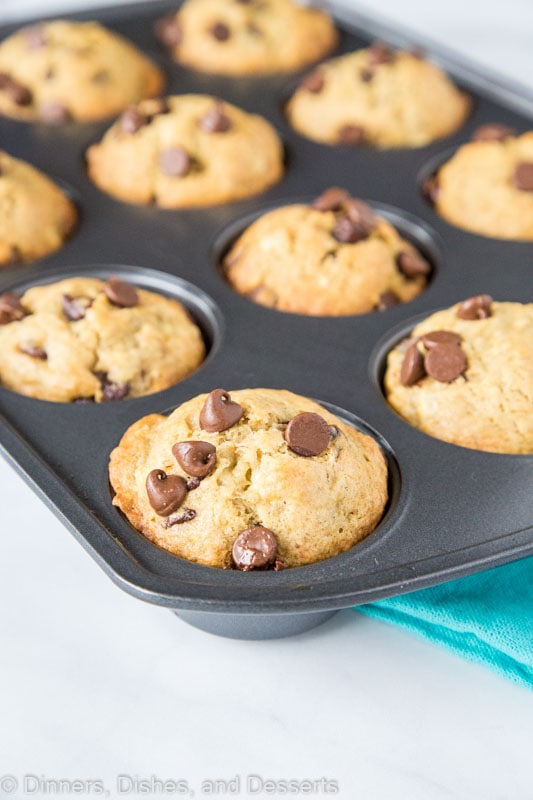 banana chocolate chip muffins in muffin pan
