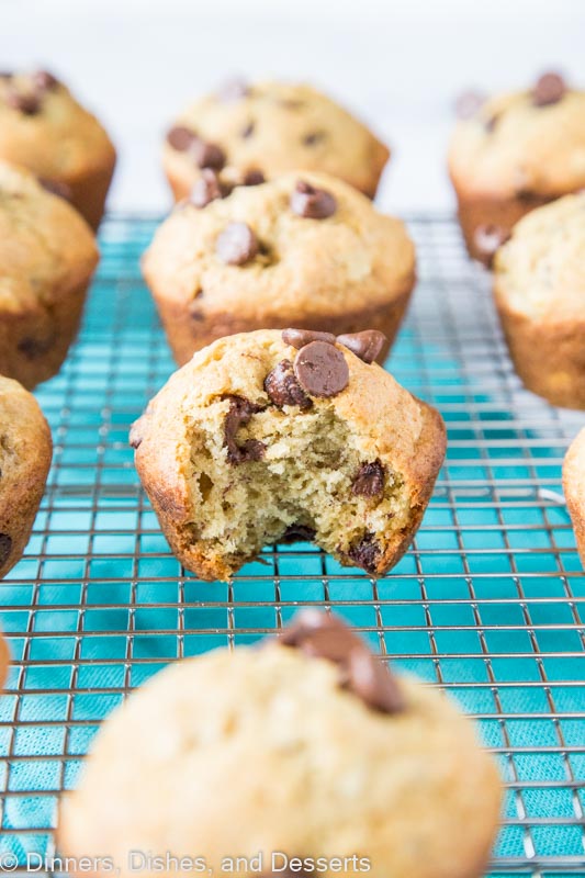 banana chocolate chip muffins with bite taken out