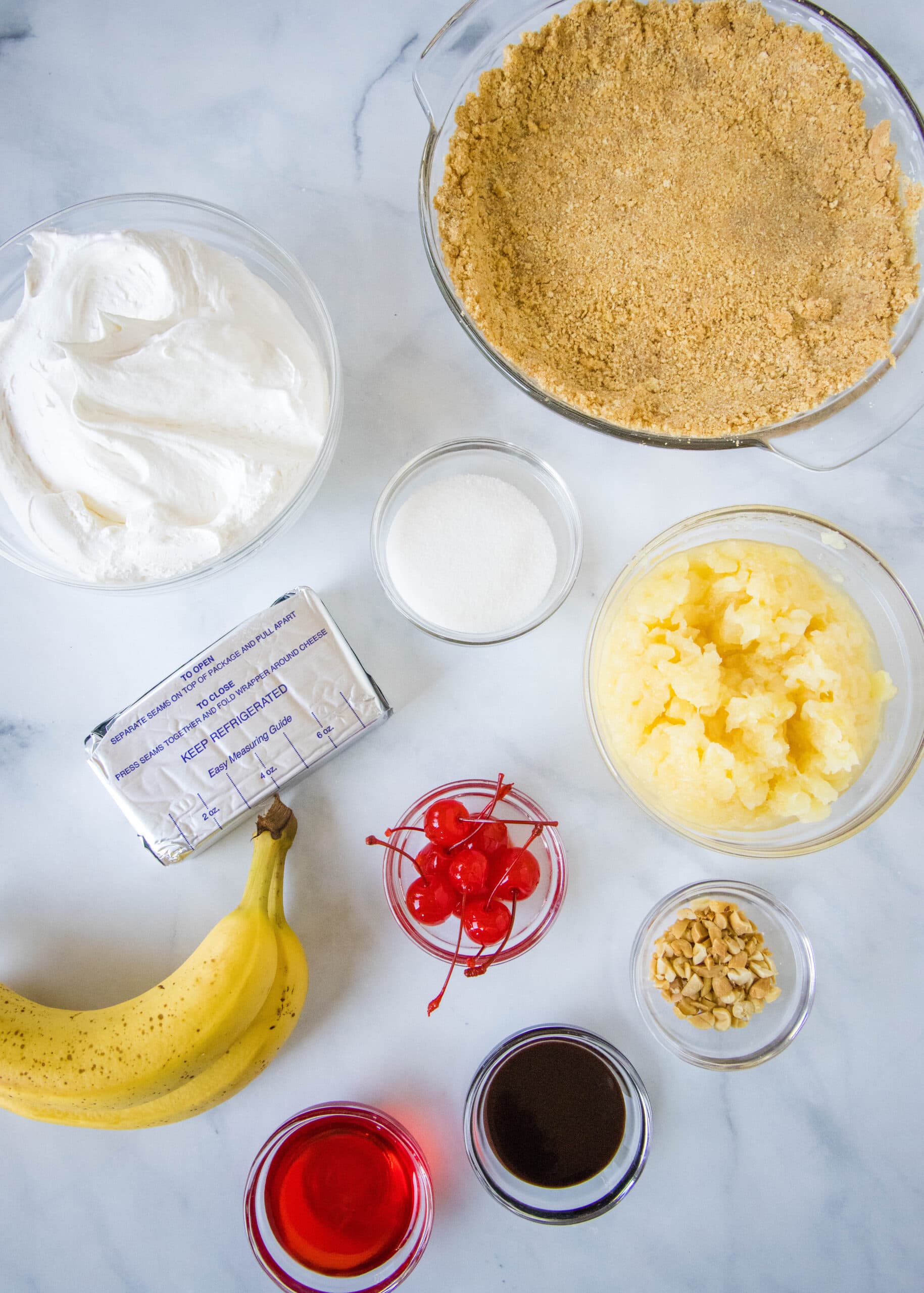 Ingredients for banana split pie.