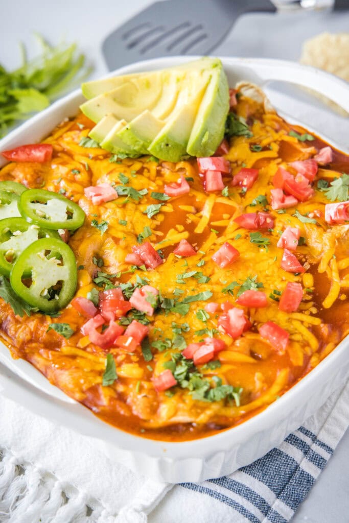 looking down on baked beef enchilada casserole