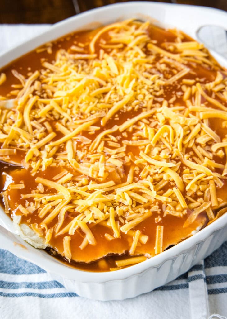 enchilada casserole ready for the oven