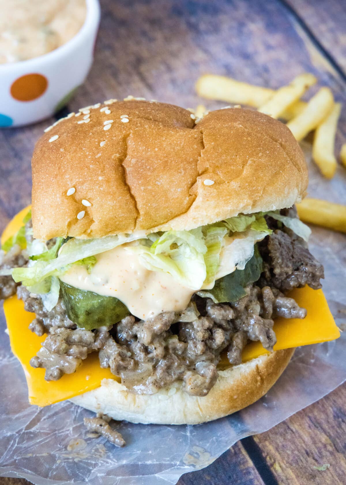 looking down on big mac sloppy joe on piece of wax paper