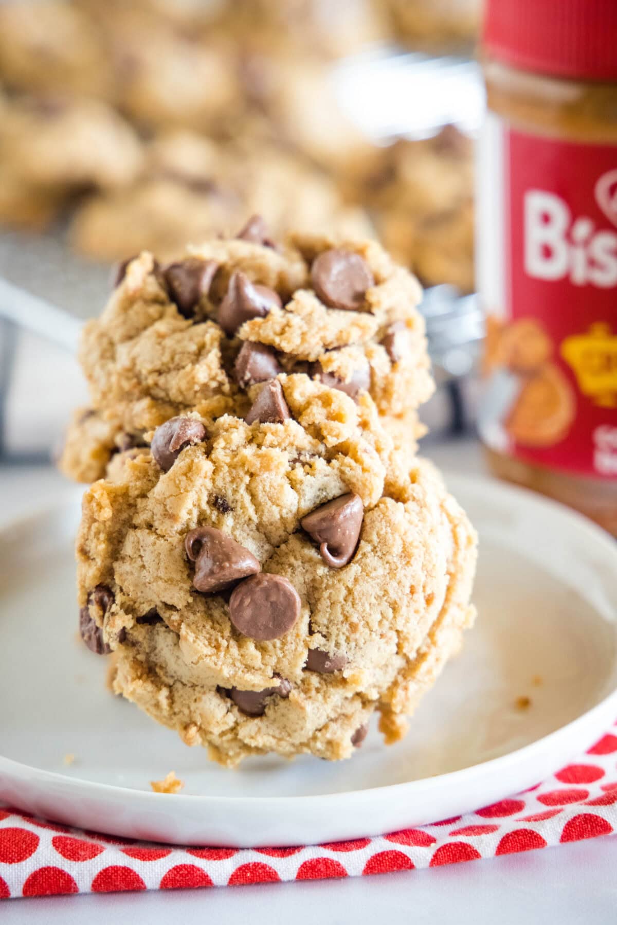 biscoff chocolate chip cookies on white plate