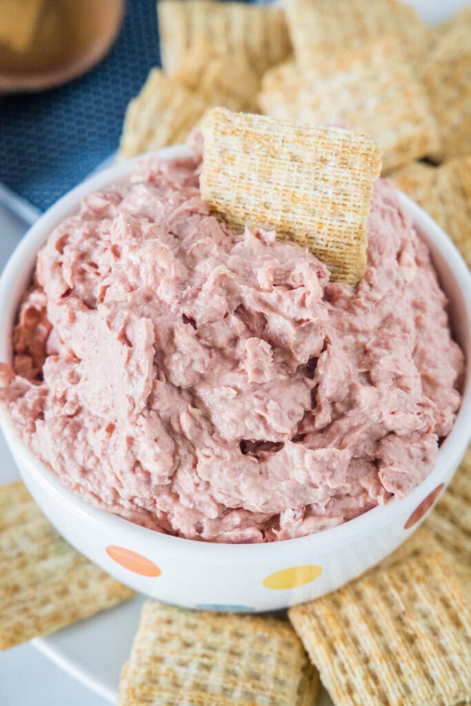 looking down on bowl of braunschweiger tip with crackers