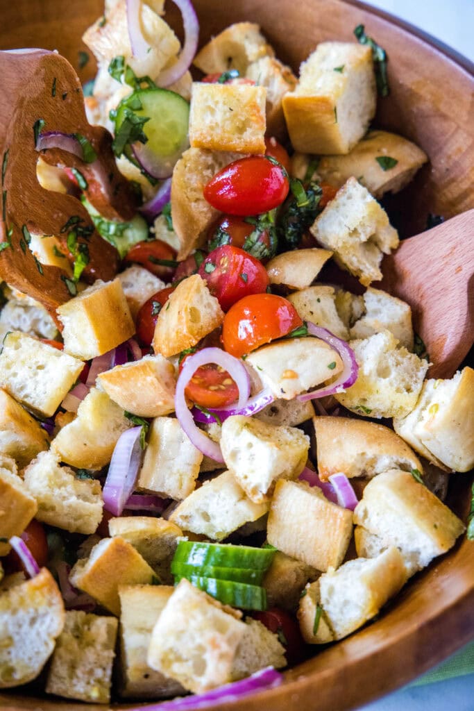 bread salad mixed together in a large bowl