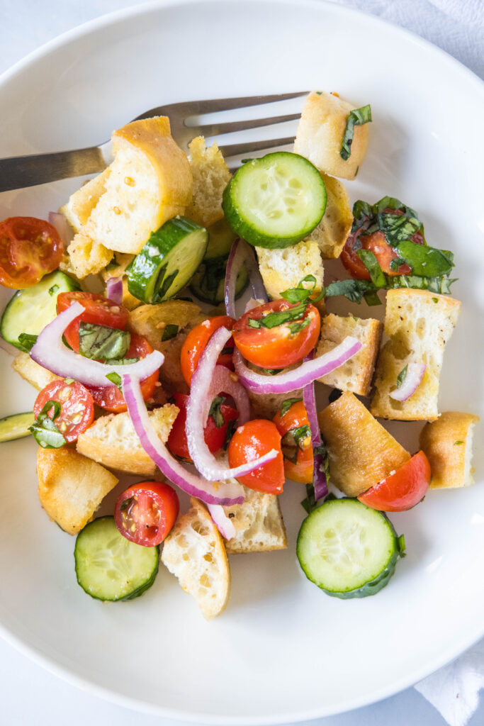 looking down on a plate of bread salad