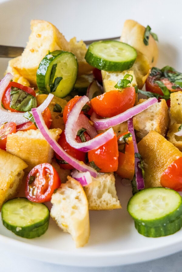 cropped close up panzanella salad on a plate