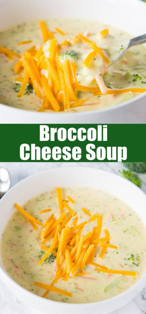 close up broccoli cheese soup in a bowl for pinterest