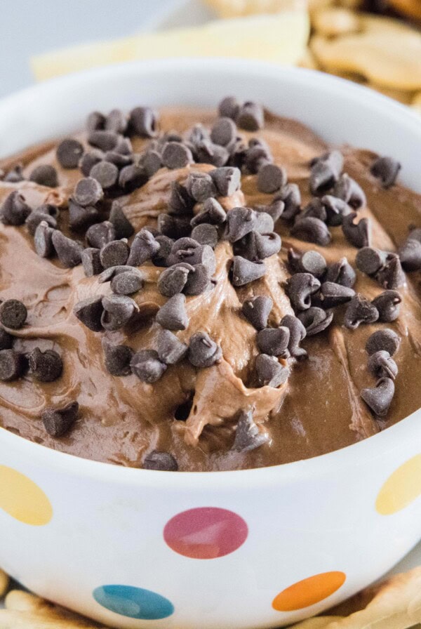 close up bowl of brownie batter dip topped with chocolate chips