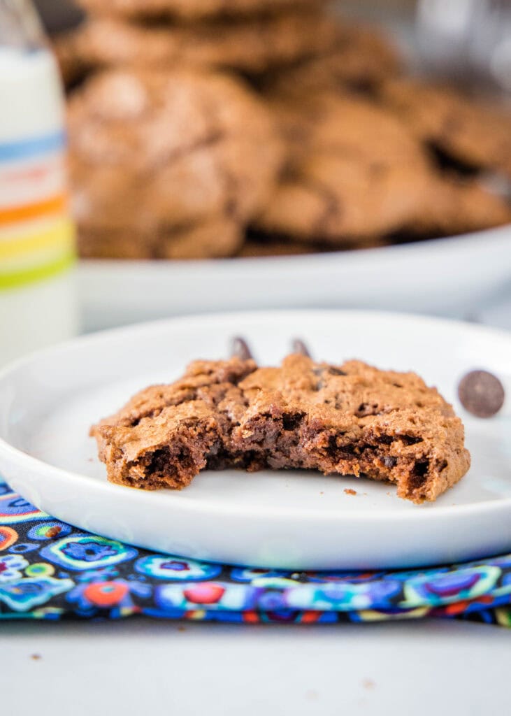 brownie cookie on a plate with bite missing