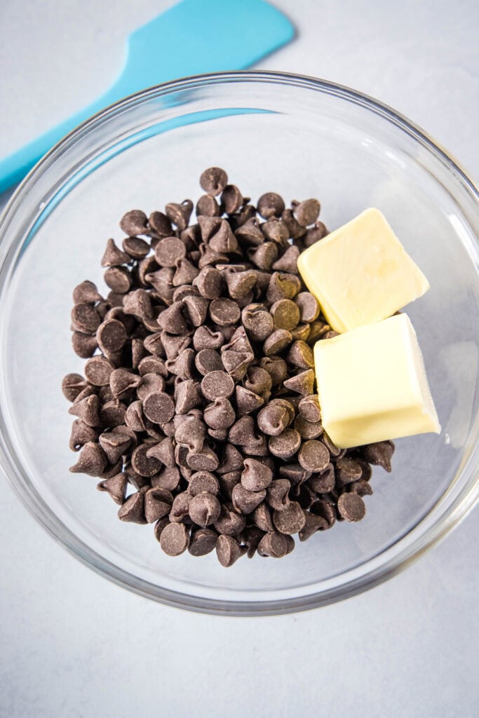 chocolate chips and butter in a bowl