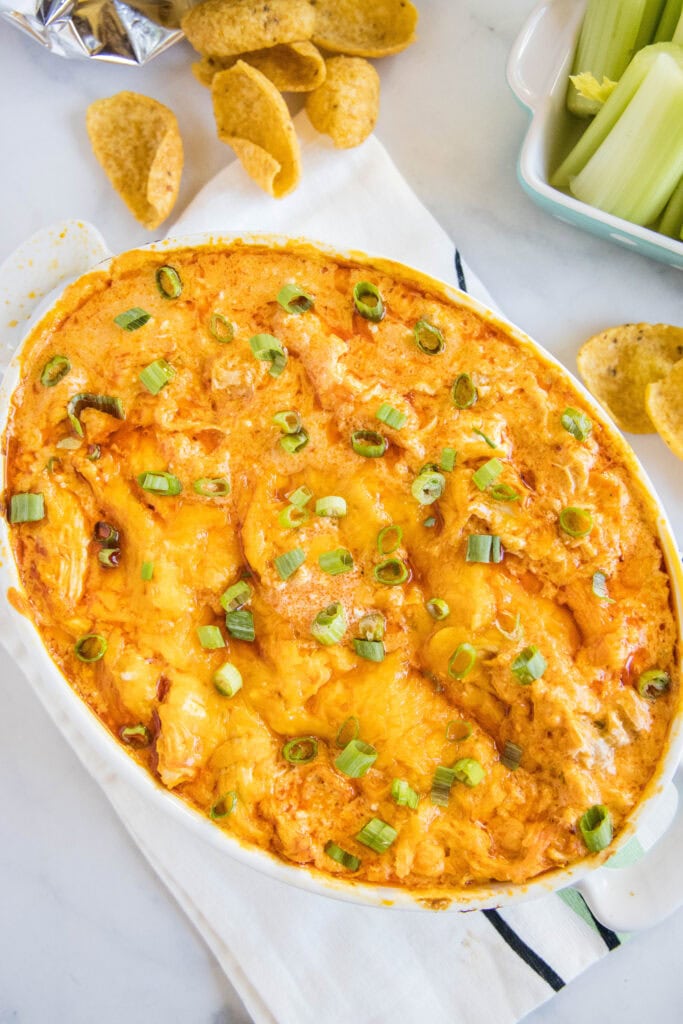 looking down on a dish of buffalo chicken dip