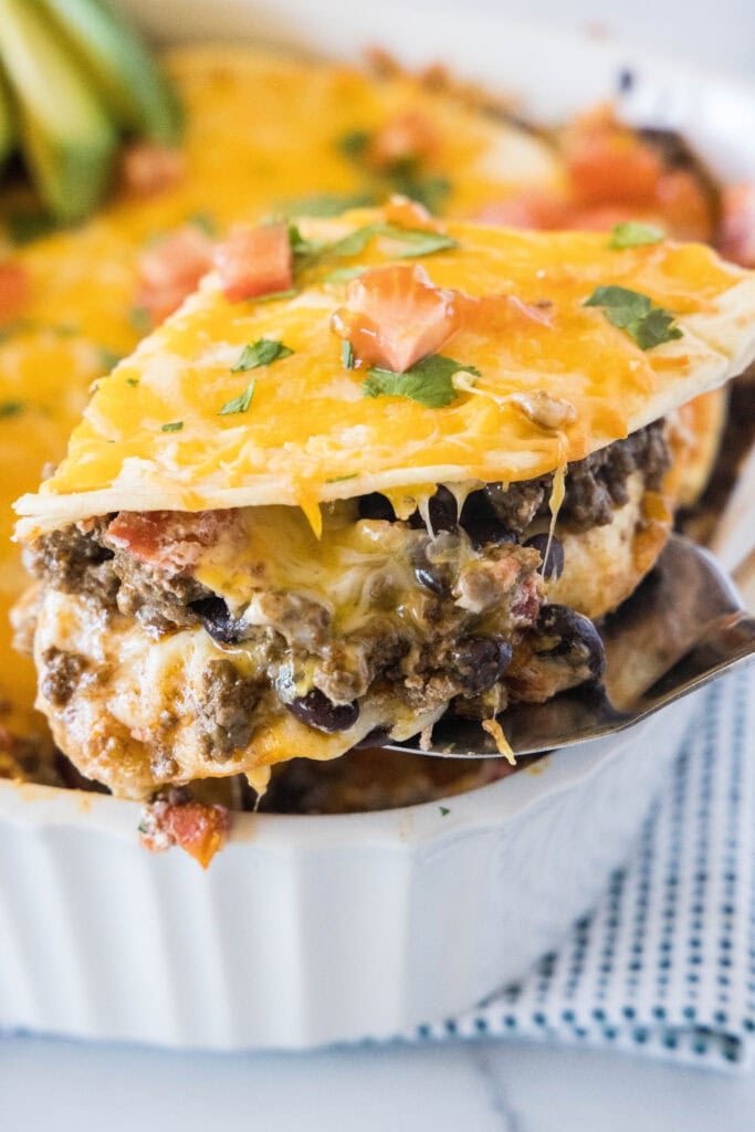 burrito casserole on a spatula