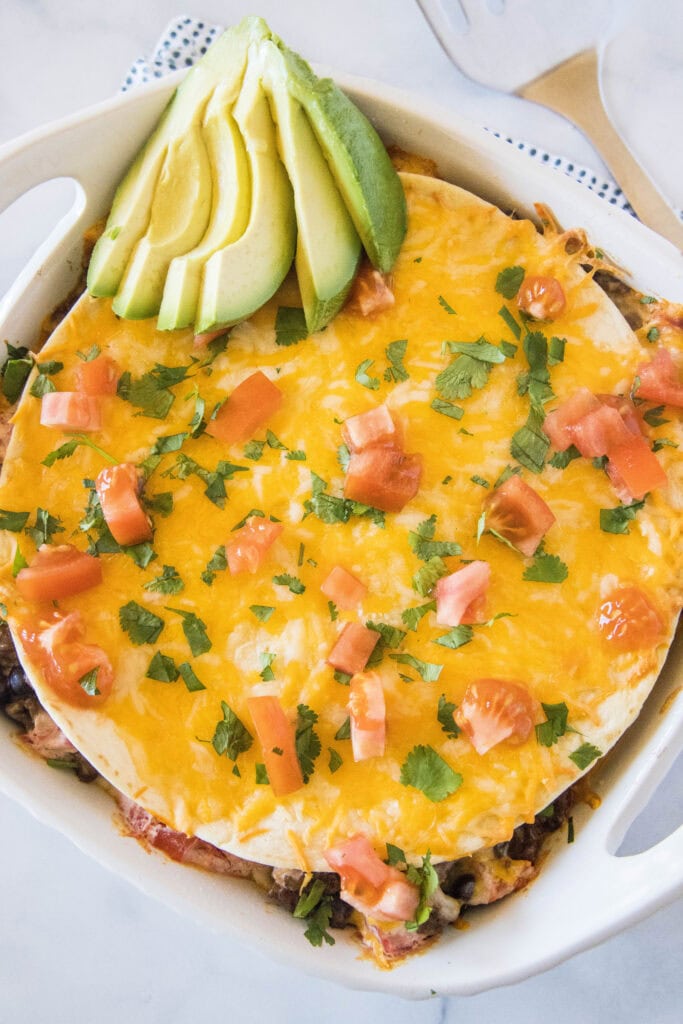 looking down on burrito casserole in baking pan
