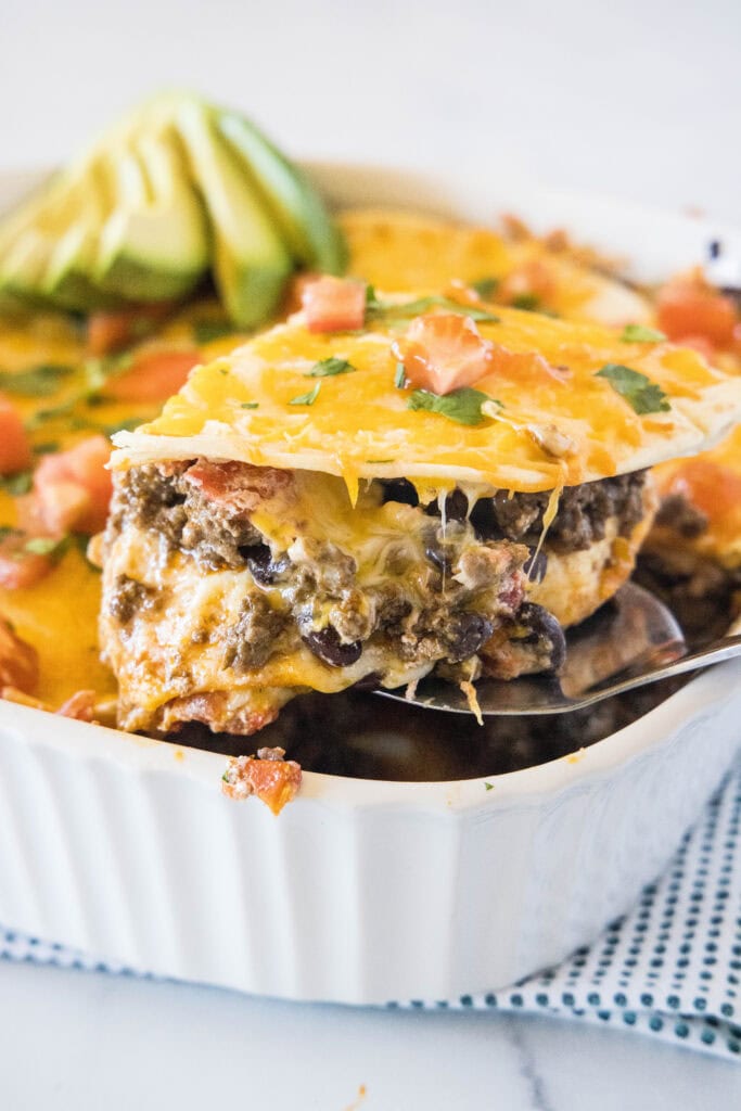 slice of burrito casserole on a spatula