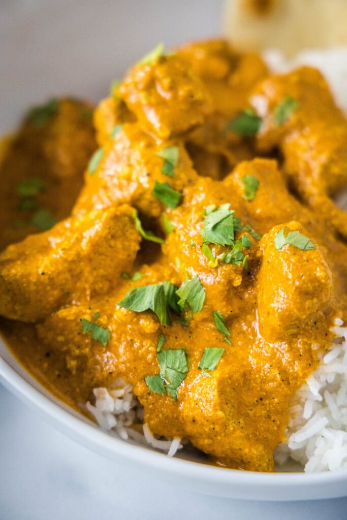 white bowl with butter chicken and rice