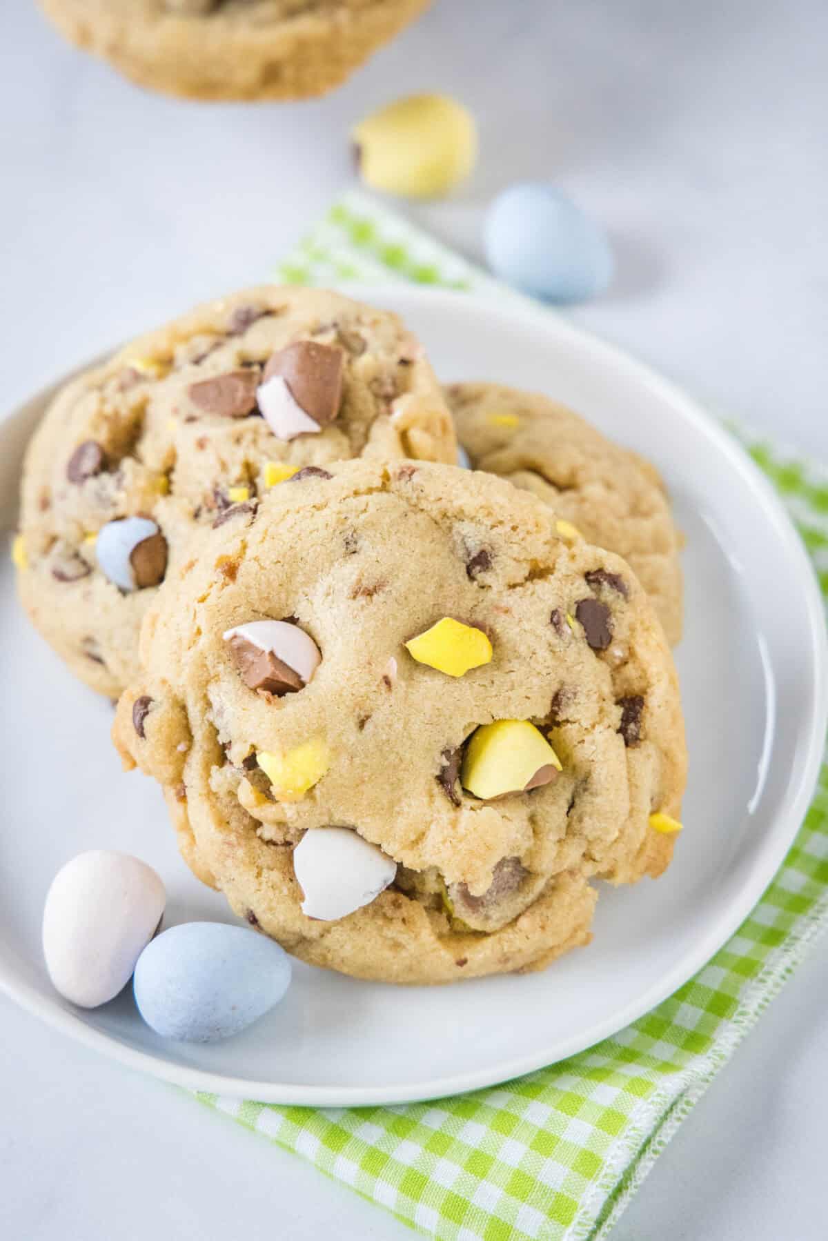looking down on a plate with cadbury mini egg cookies