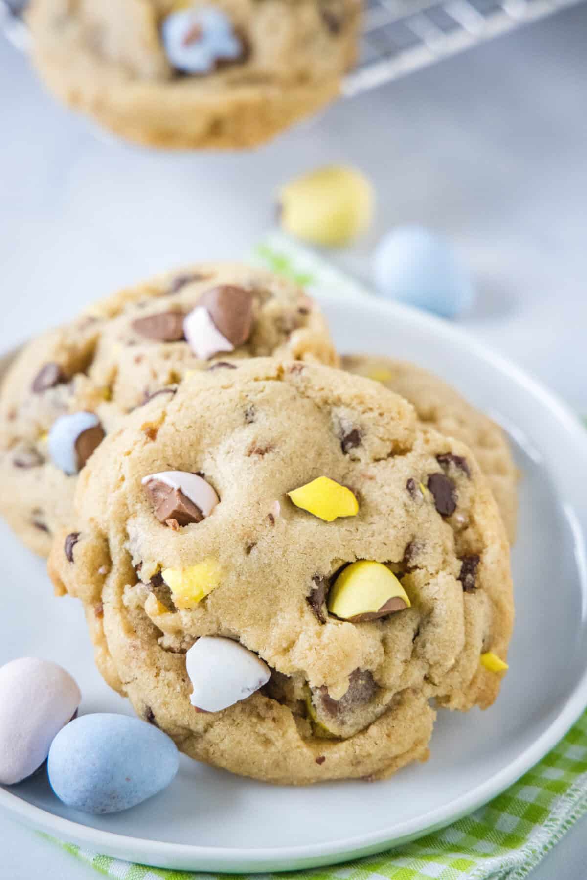 cadbury mini egg cookies on a white plate