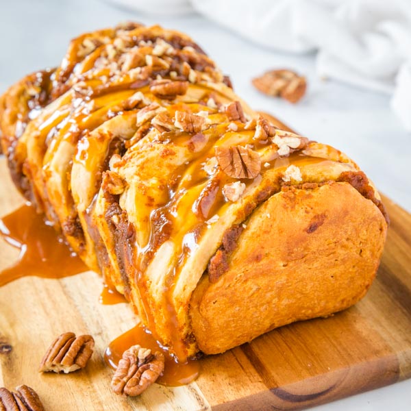 close up of pumpkin pull apart bread