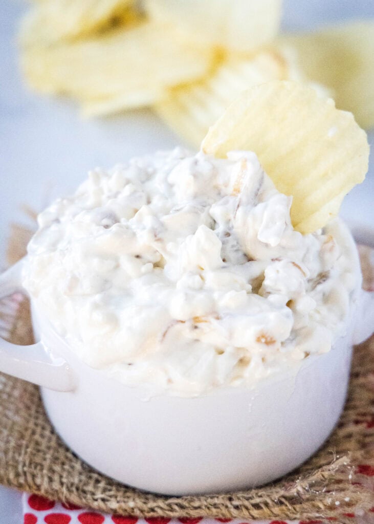 a potato chip in a bowl of onion dip