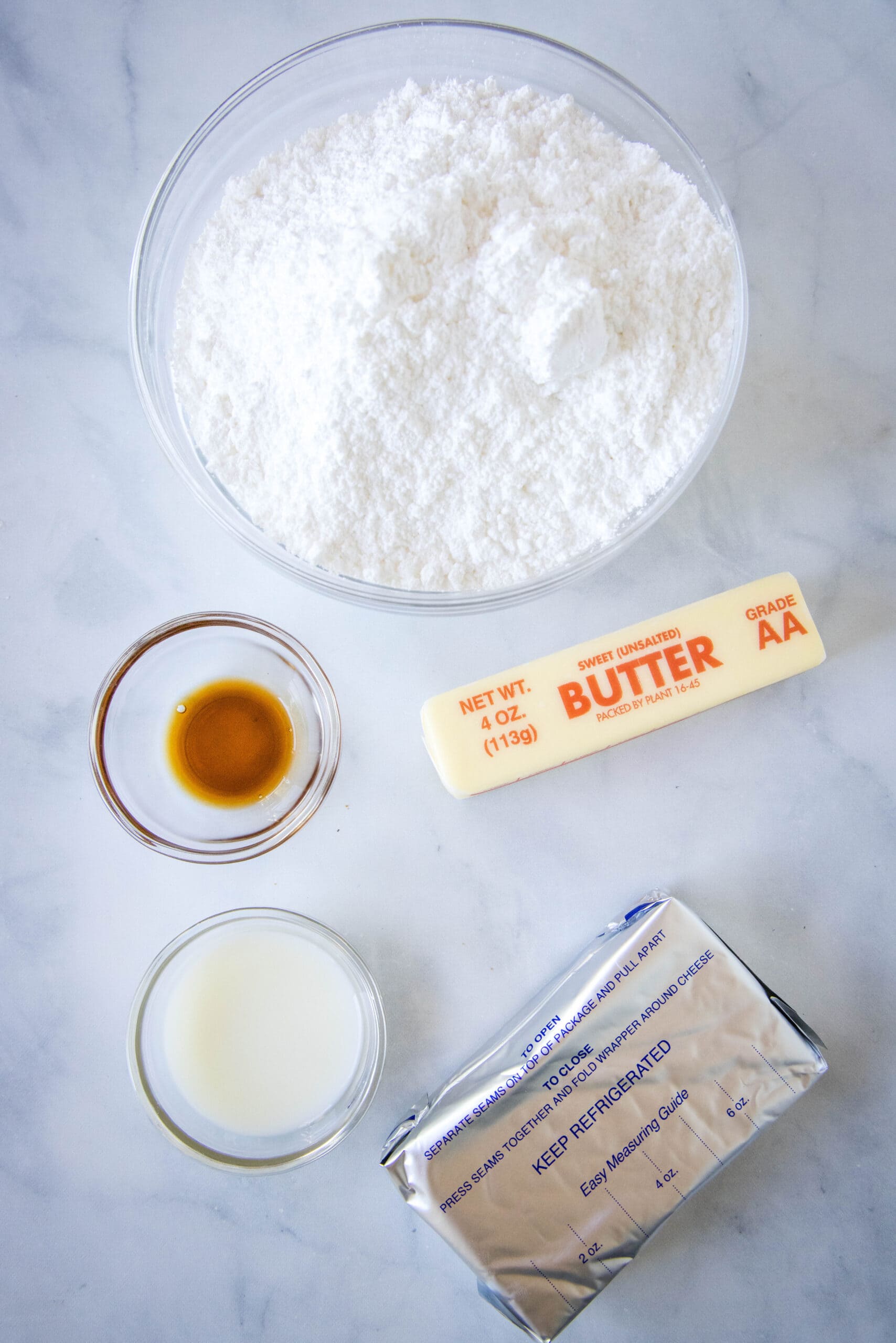 Ingredients for cream cheese frosting.