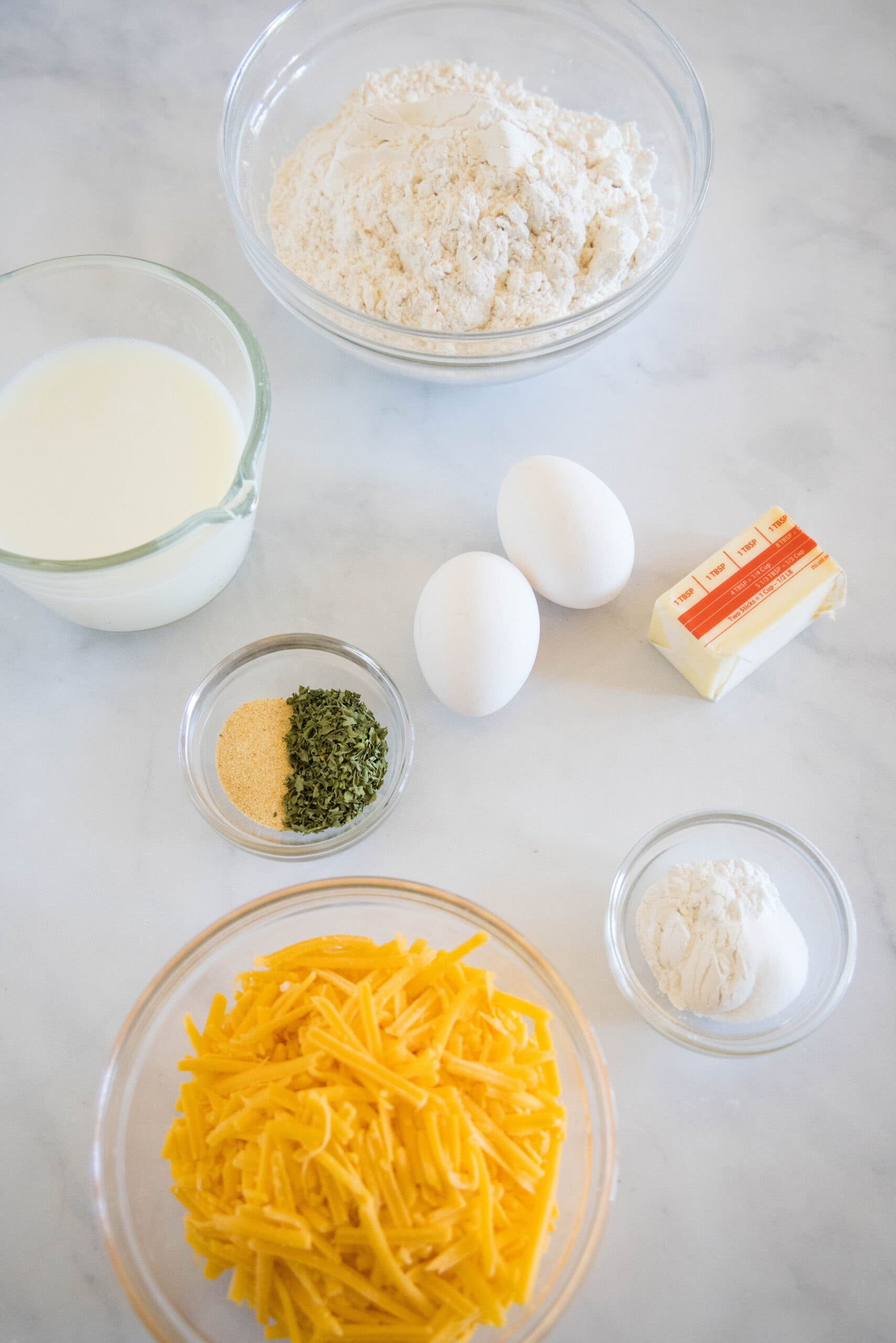 Cheesy quick bread ingredients.