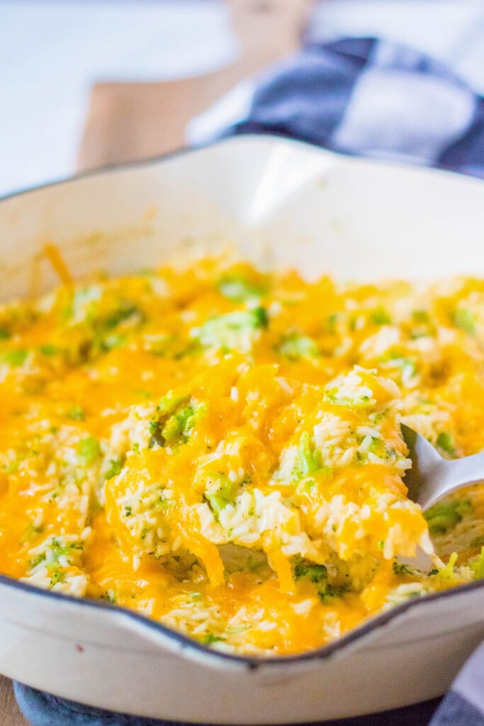 broccoli rice casserole on serving spoon