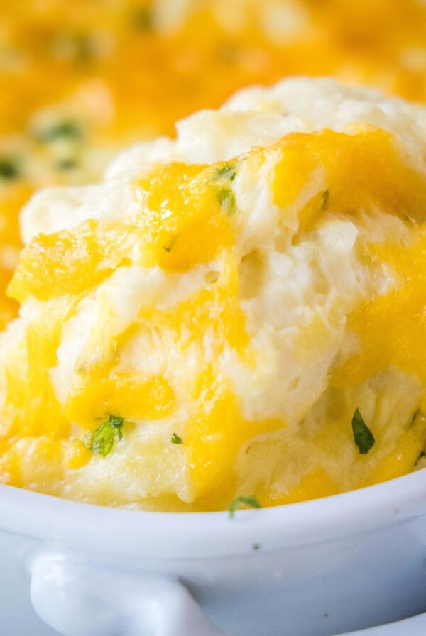 close up of spoonful of cheesy mashed potatoes