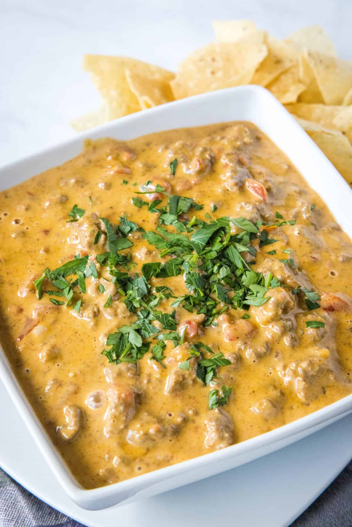 rotel dip in a white serving bowl with tortilla chips