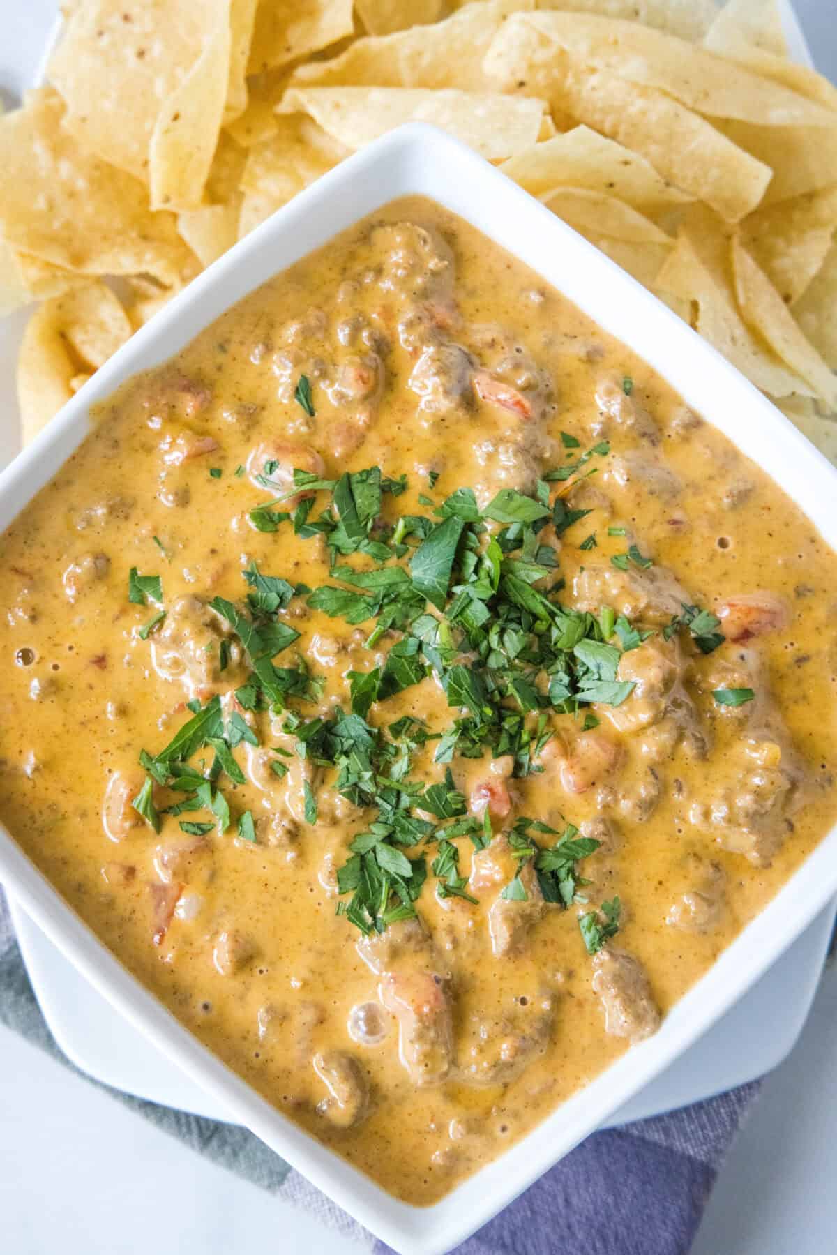 looking down on bowl of cheesy rotel dip with chips around it