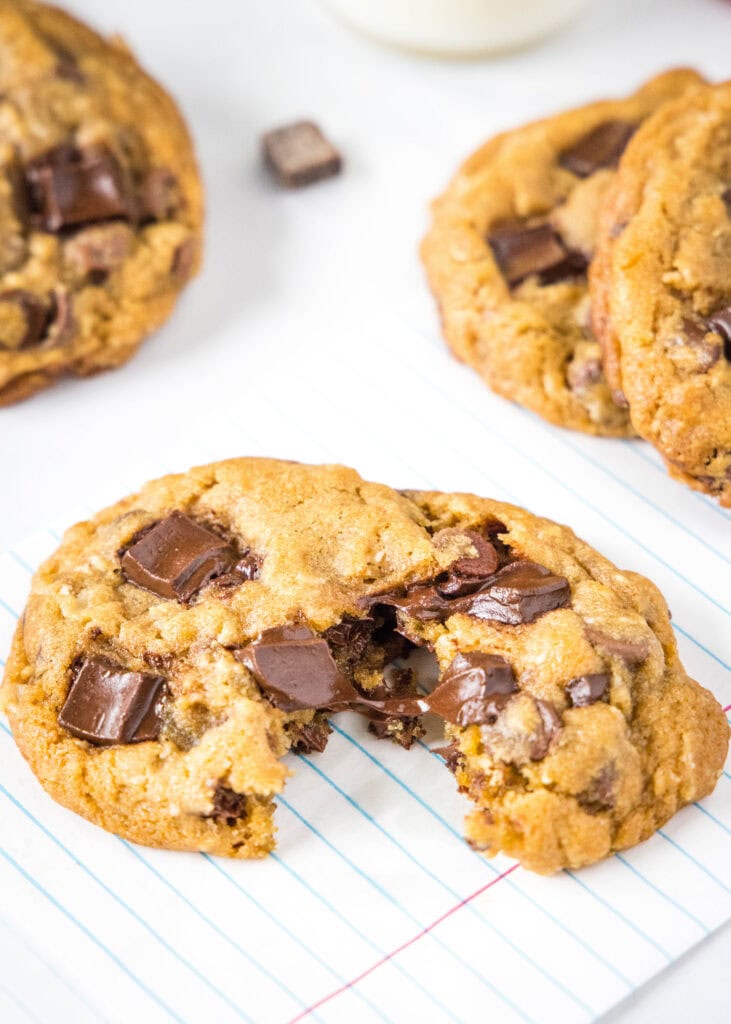 cookie broken in half with melted chocolate