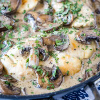 Close up of mushroom cream sauce covering chicken breasts