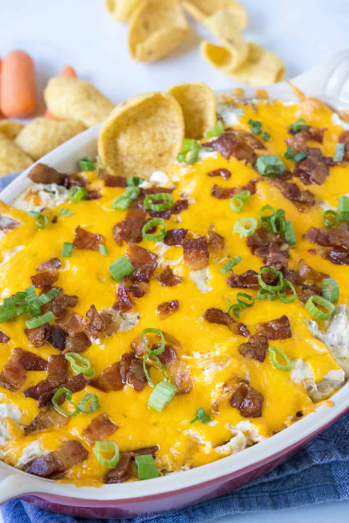 looking down on baking dish with chicken bacon ranch dip