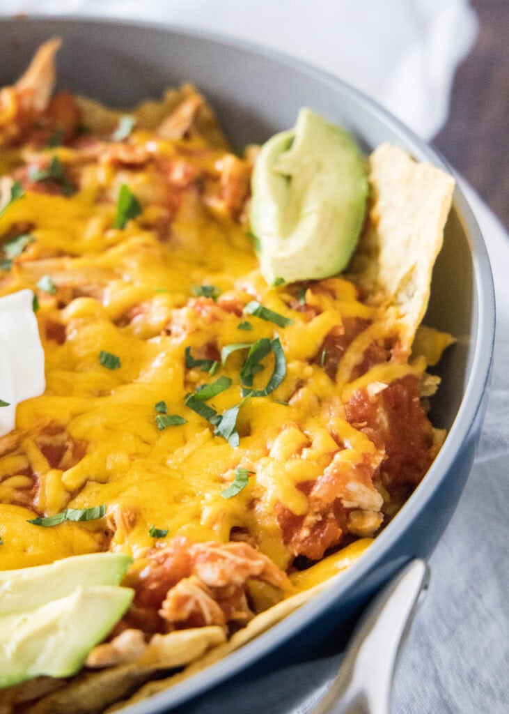 close up chicken chilaquiles in a skillet