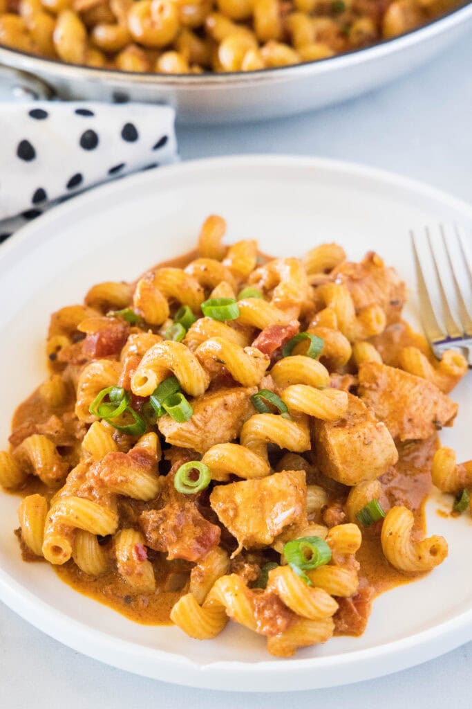 looking down on a white plate of chicken chorizo pasta