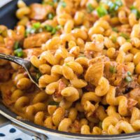 close up chicken and chorizo pasta