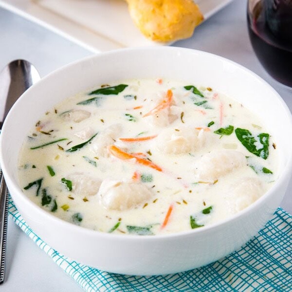 Chicken Gnocchi Soup - Olive Garden Chicken Gnocchi Soup at home!  This version is lightened up a little bit, so you can eat it any day of the week with no guilt!  