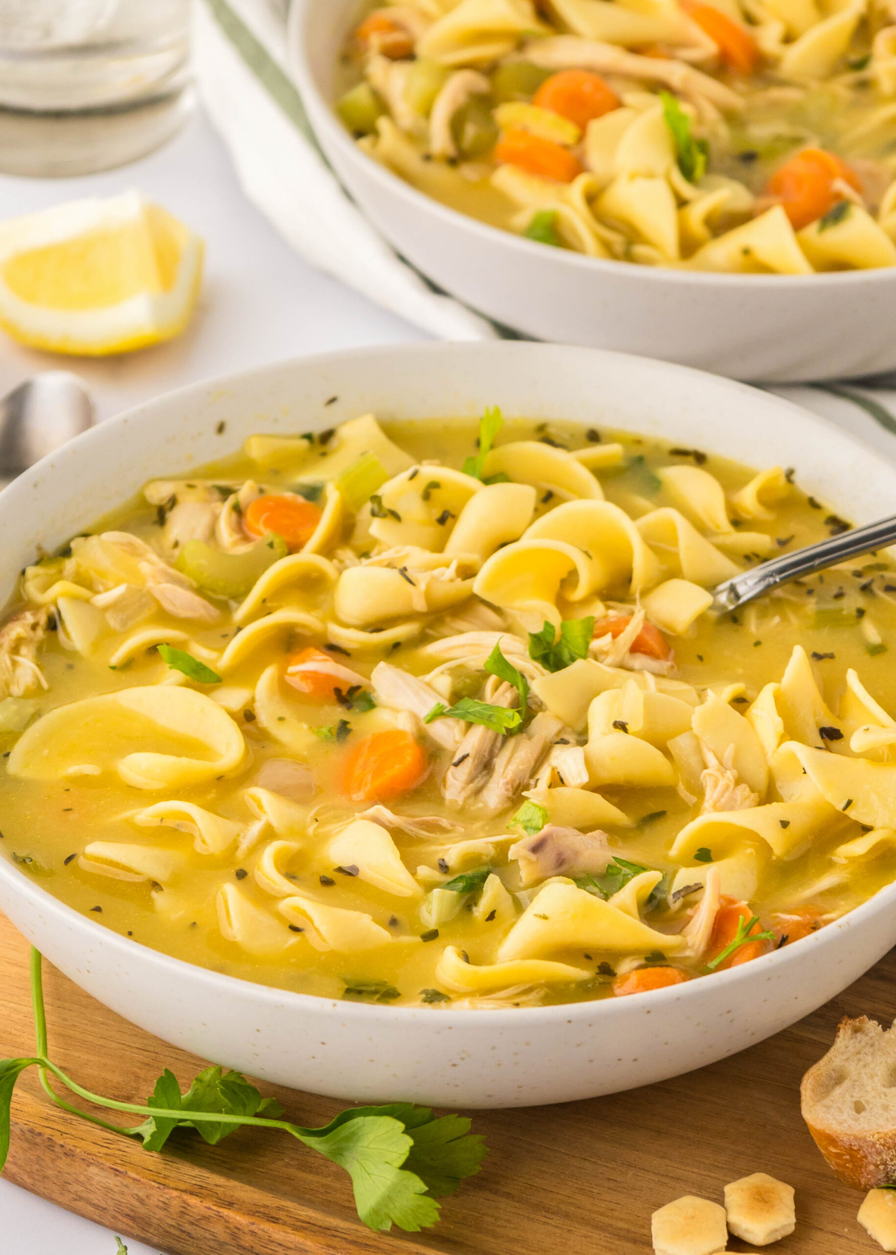 a bowl of chicken noodle soup