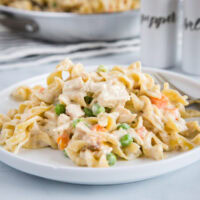 Chicken Pot Pie Noodles - a fun twist on classic chicken pot pie using noodles! Comes together in minutes so it is perfect for quick weeknight meals.
