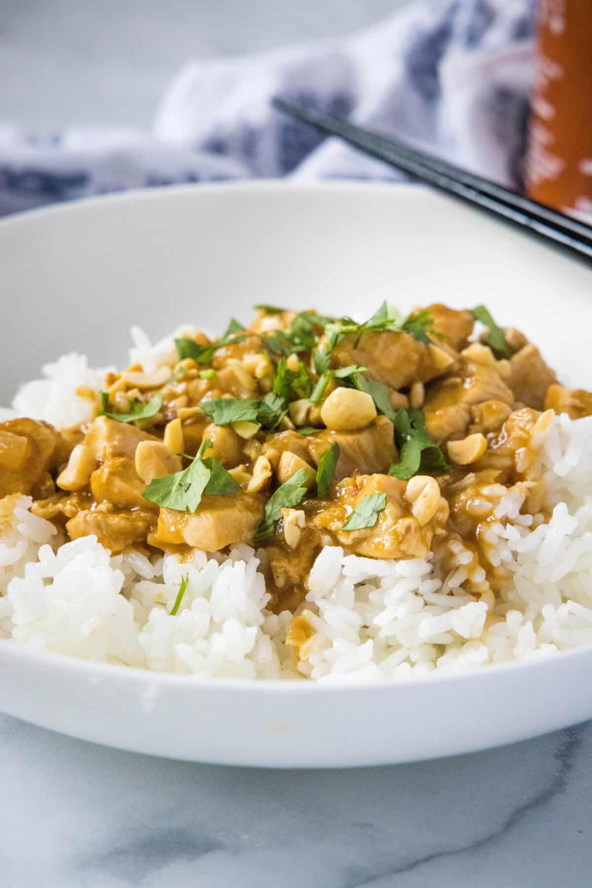 chicken satay stir fry over rice topped with cilantro and peanuts