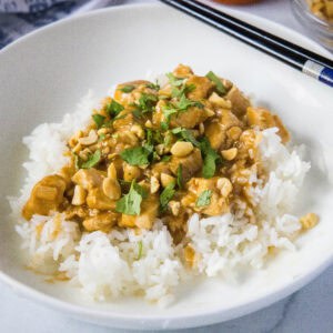 close up chicken satay stir fry over rice